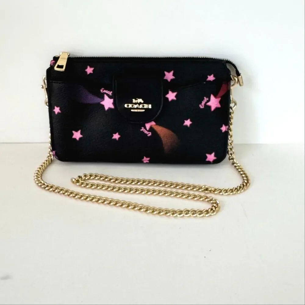 Coach Poppy Slim Shoulder Bag in Black Disco Shooting Star Galaxy Print C7289